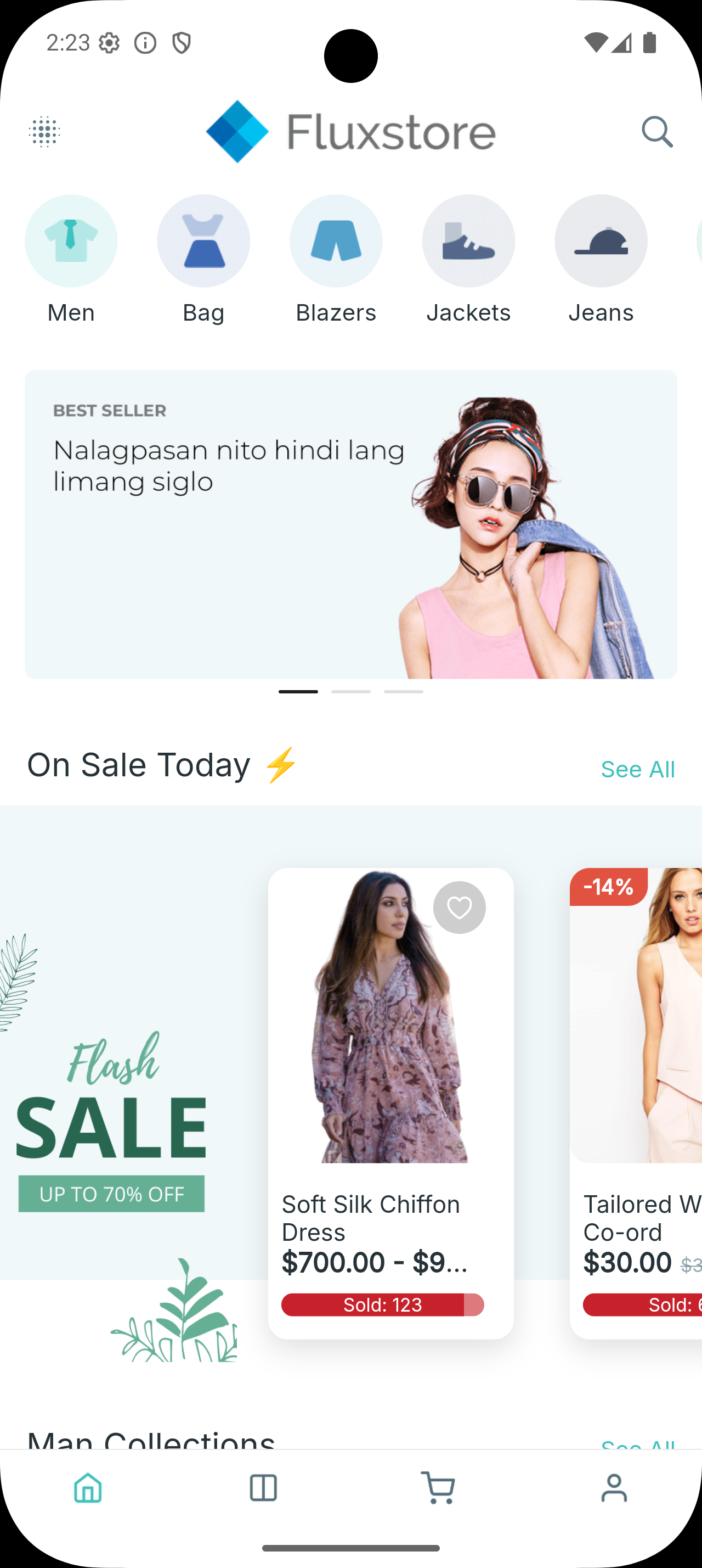 Mobile store screen: On Sale Today with Soft Silk Chiffon Dress and heart wishlist icon